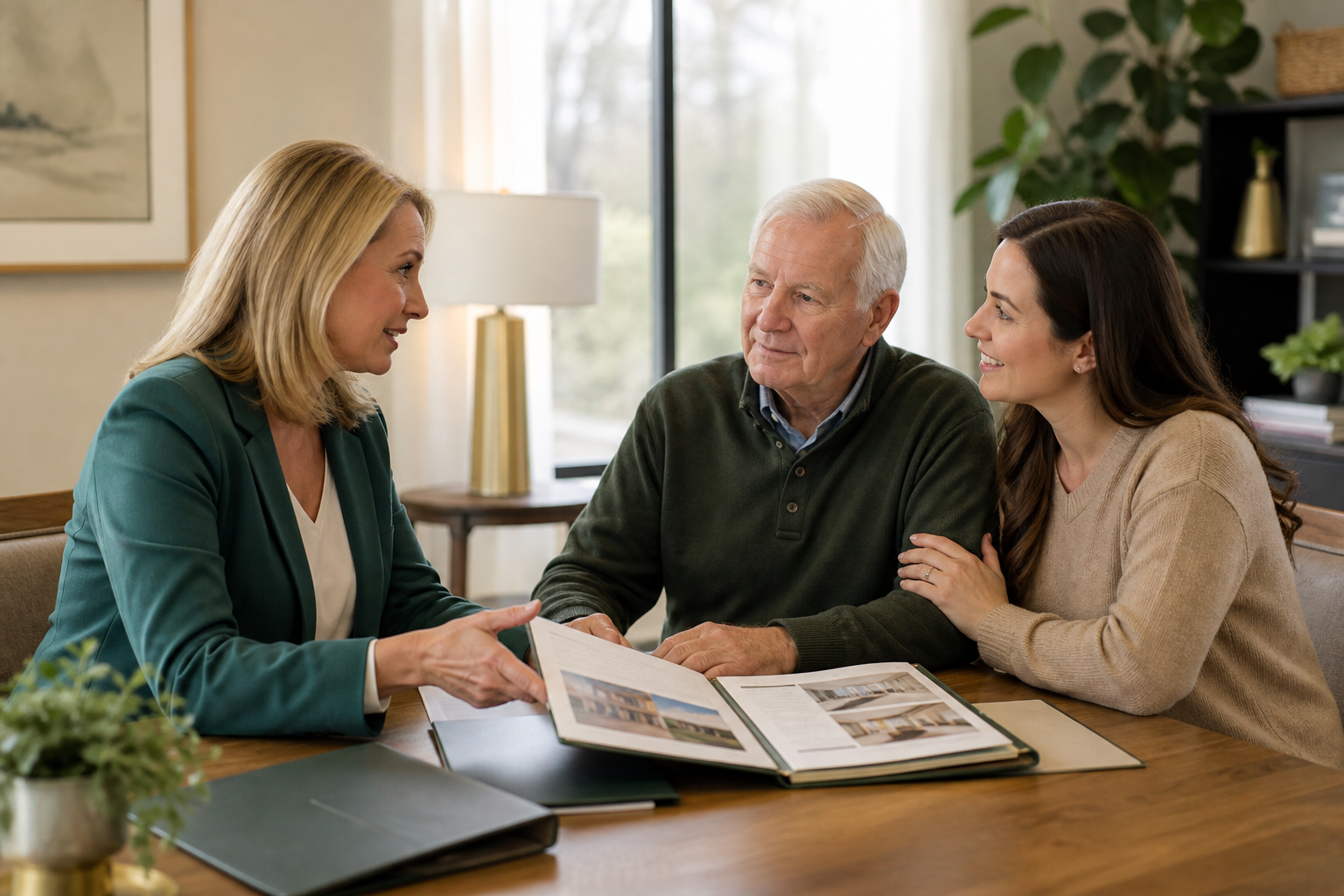 A senior living advisor discussing facility choices with an older man and his daughter