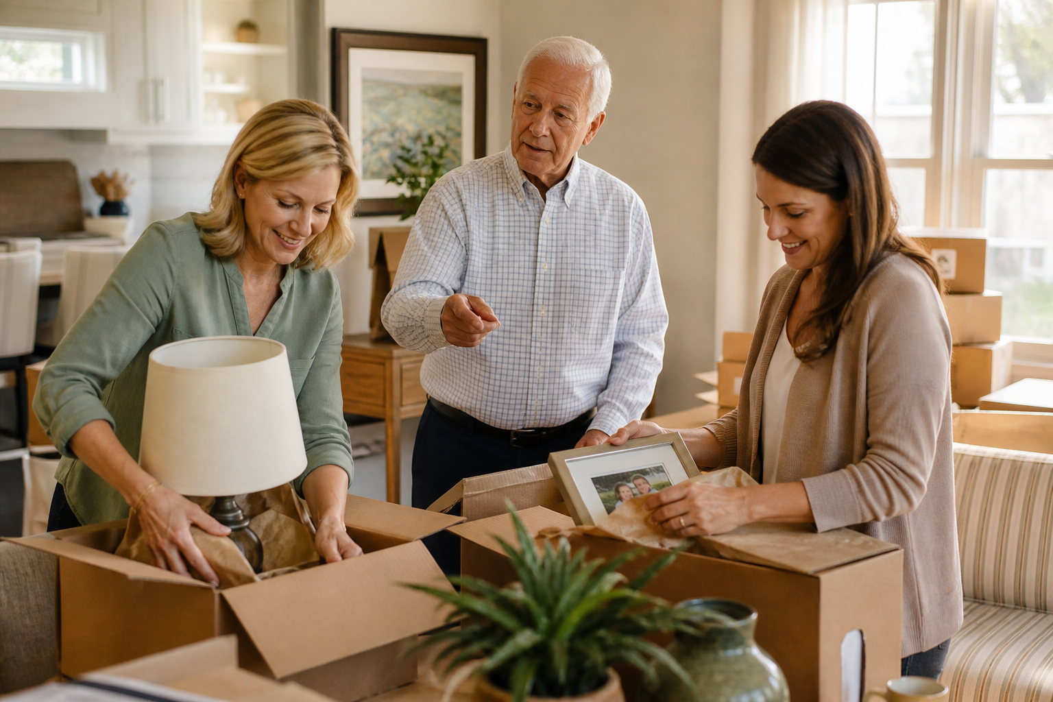 A move-management team carefully packing belongings with an older gentleman