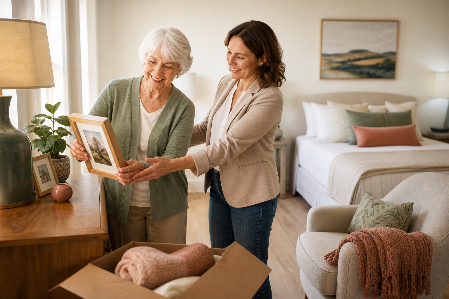 An older woman and transition specialist arranging familiar photographs in a new home